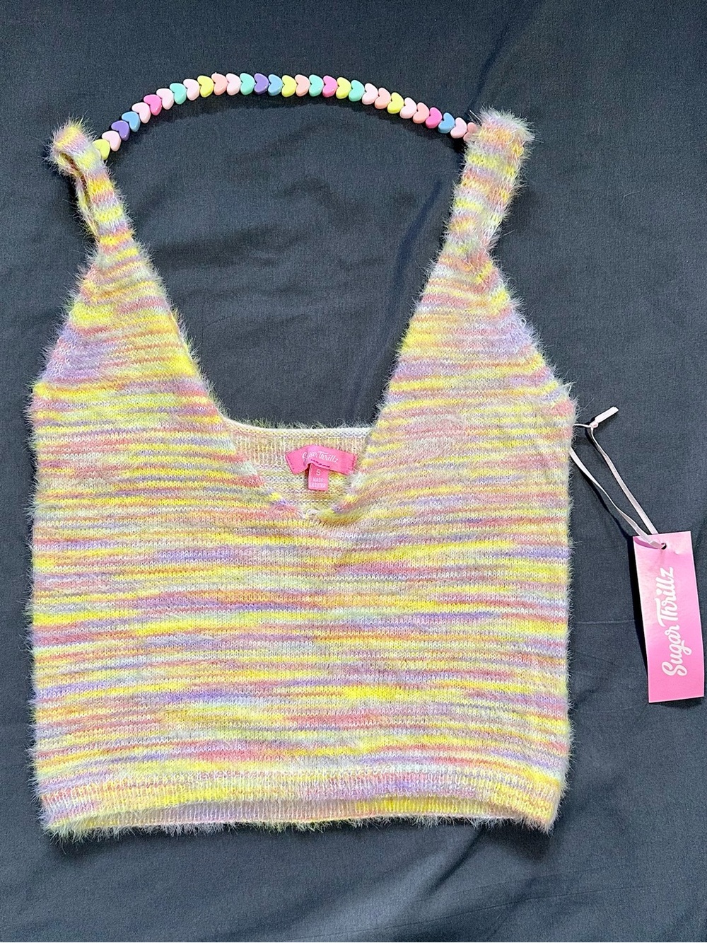 Sugar Thrillz Candy Rain Crop Top NWT S Pastel Multicolor Fuzzy Knit Tank Y2K - Picture 3 of 11